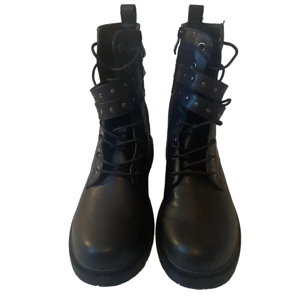 Wanted Dynamic Black Combat Boots w/Side Buckle & Studded Details in Ladies 8.5
